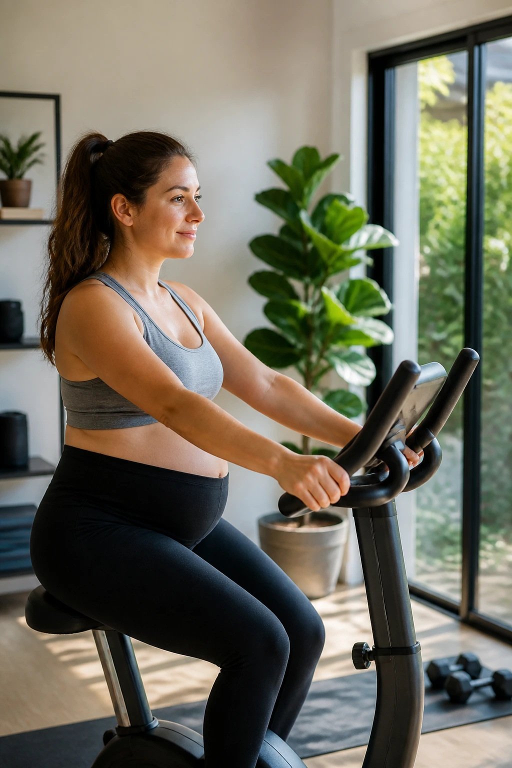 Pregnant woman riding an upright stationary bike in a bright home gym