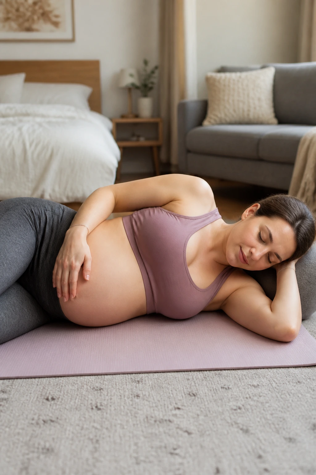 Close-up of pregnant woman doing side-lying breathing on floor mat in a calm bedroom