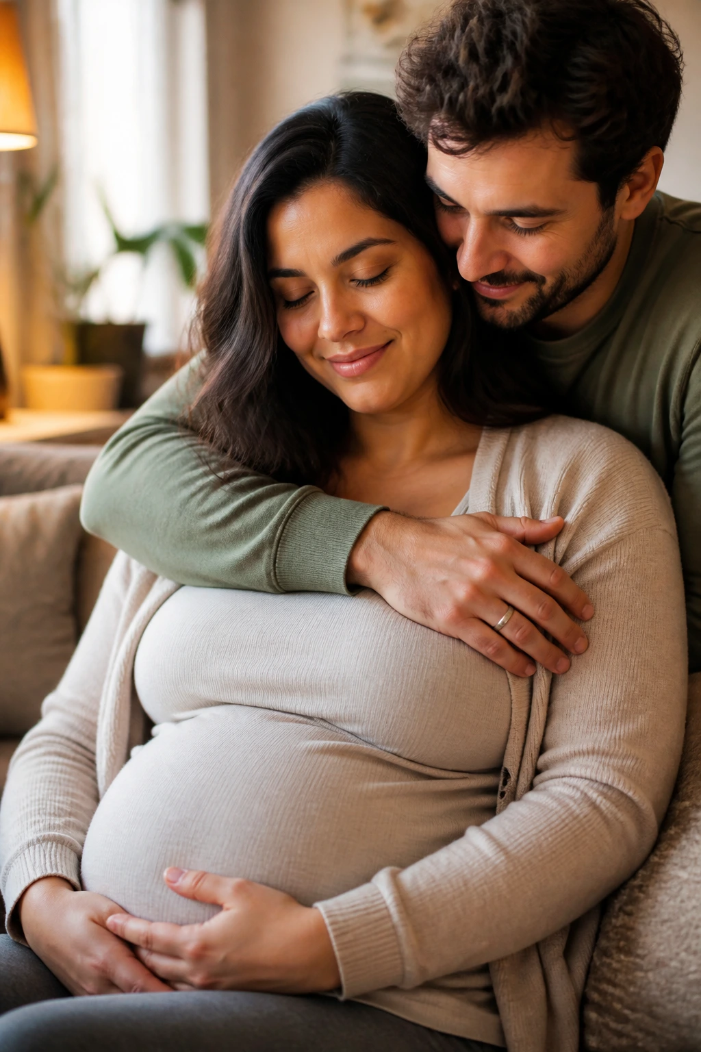Close-up of pregnant woman with calm expression in cozy home with partner
