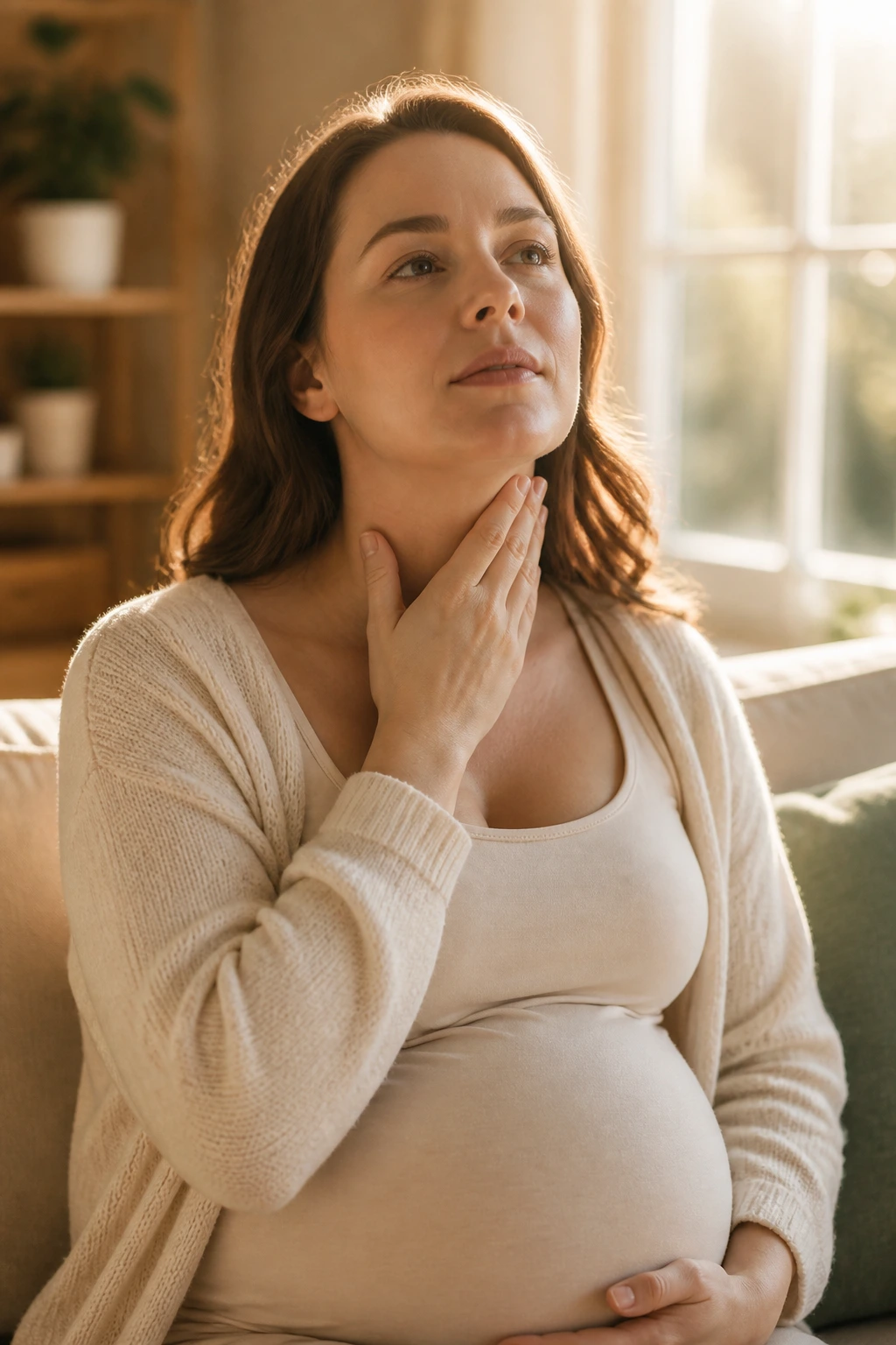 Pregnant woman touching her neck, illustrating thyroid balance needs during pregnancy