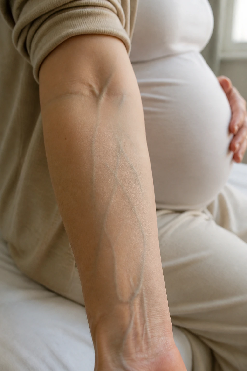 Close-up of a pregnant woman's arm with visible veins to illustrate blood volume expansion