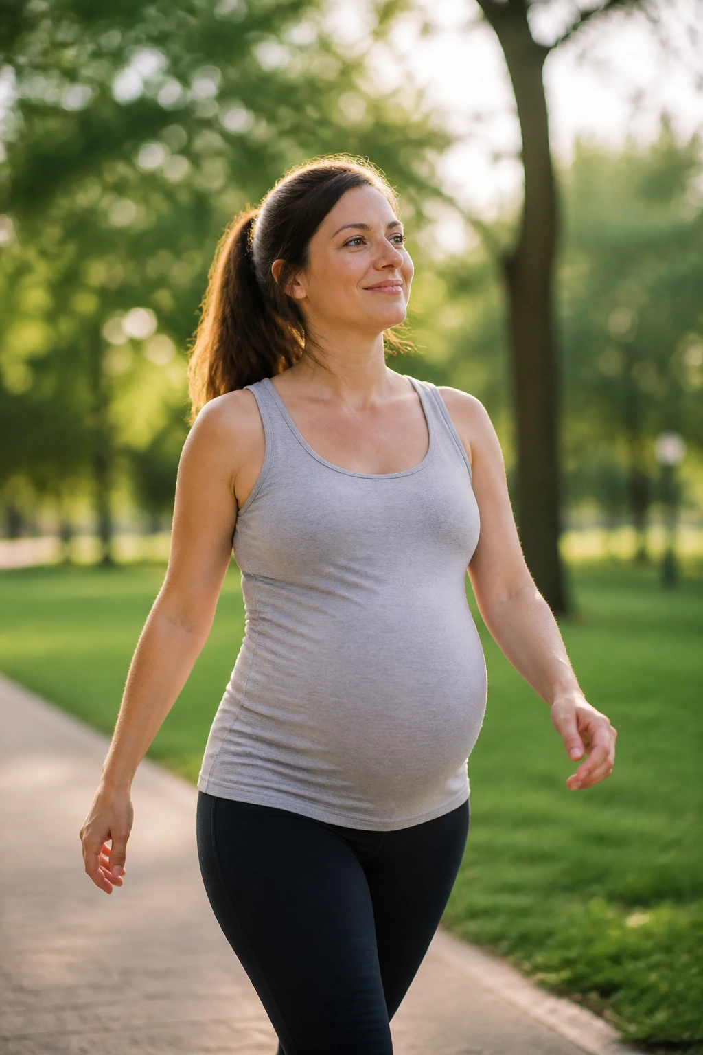 Pregnant woman walking in a park, demonstrating daily movement