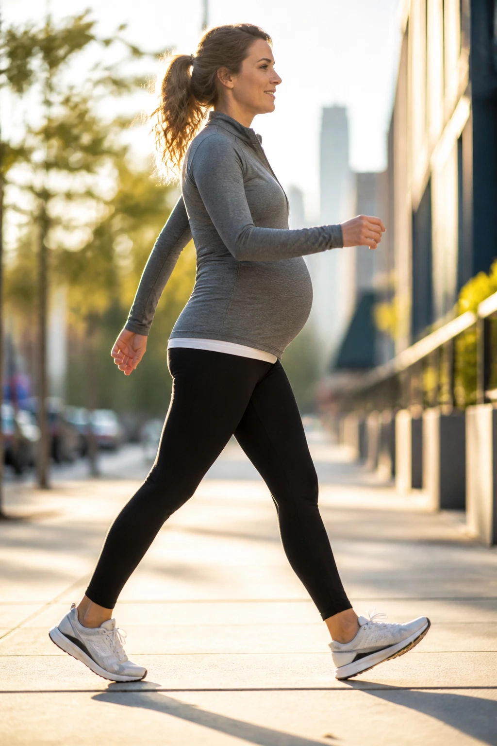 Pregnant woman brisk-walking on urban sidewalk during morning light