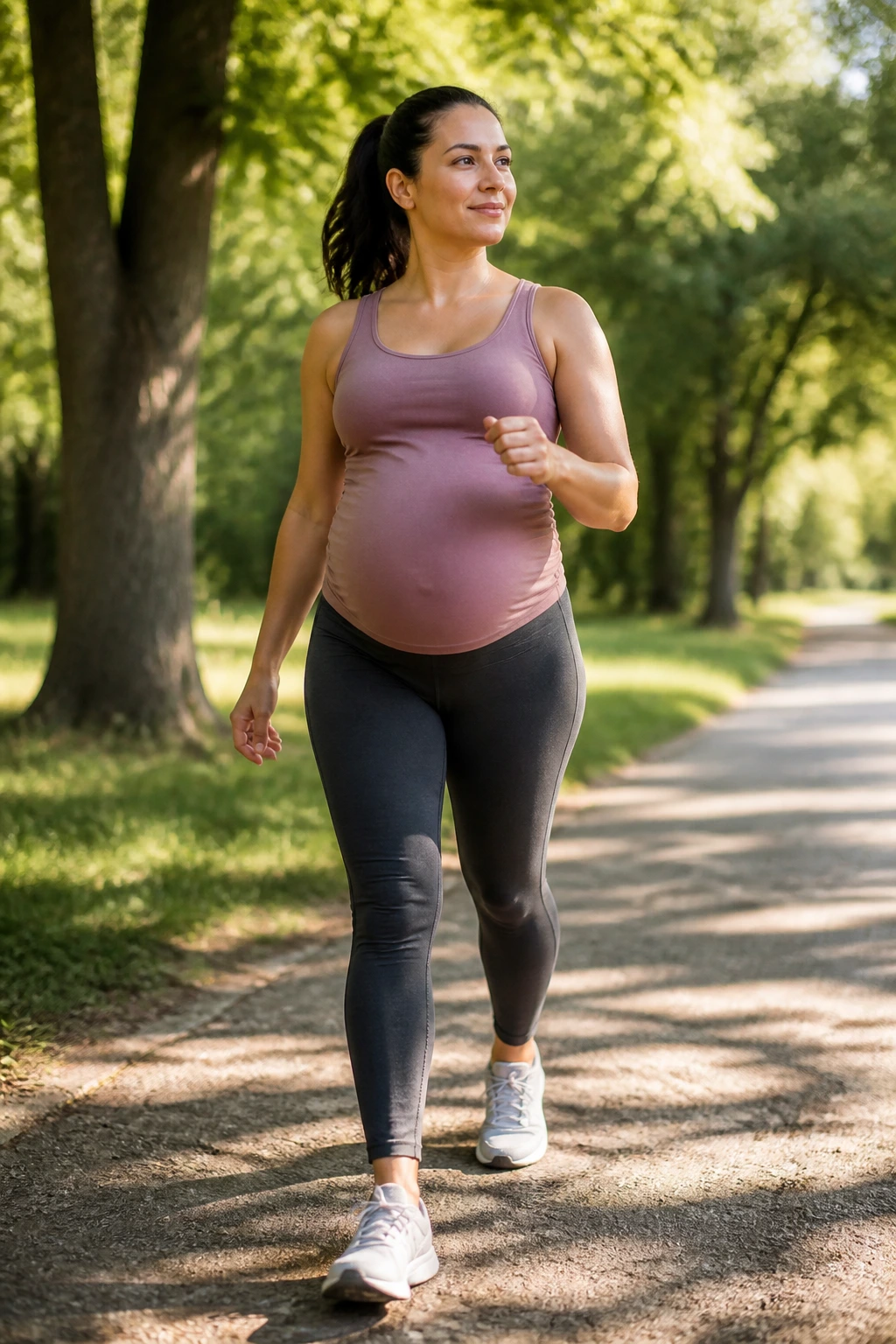 Pregnant woman walking briskly on park path in maternity activewear