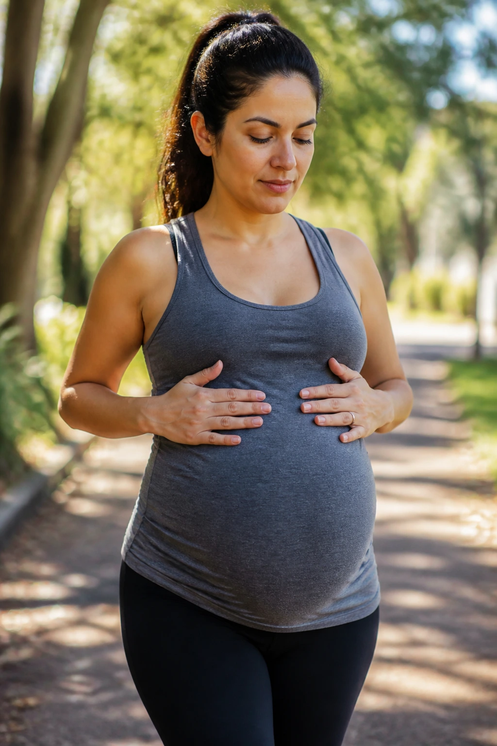 Close-up of a pregnant woman in a sunlit park demonstrating posture reset after a workout