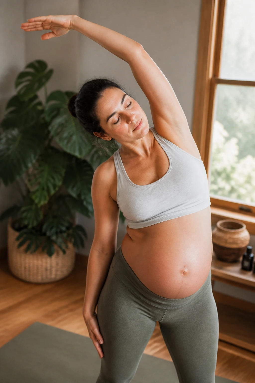 Pregnant woman performing a gentle standing side stretch in a calm home space