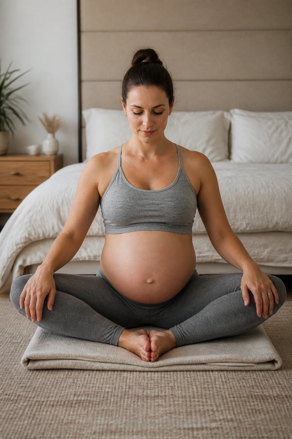 Pregnant woman in Bound Angle Pose on a Blanket with soles together and knees open.