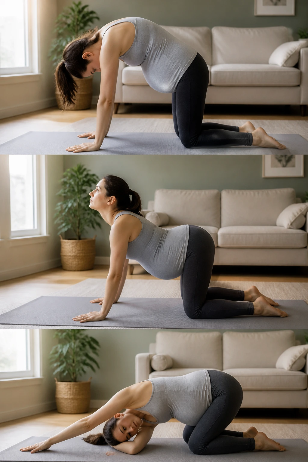 Pregnant woman performing cat-cow and side stretch on mat