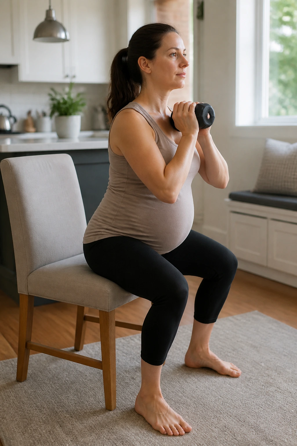 Pregnant woman doing chair squats with support