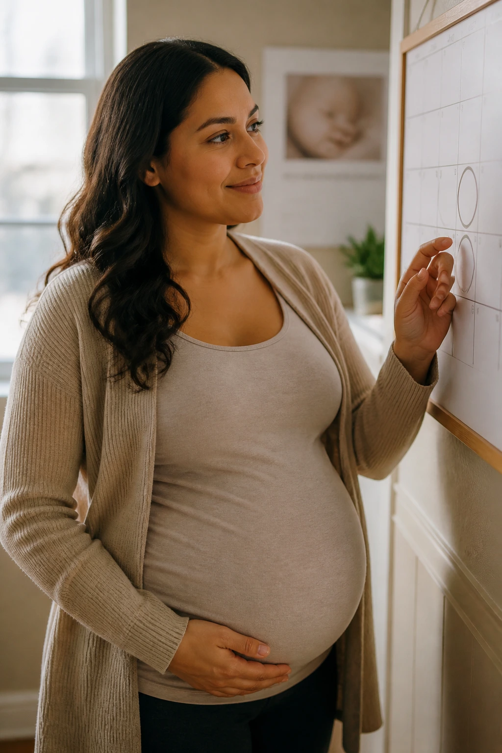 Close-up of a pregnant woman in a clinic with a calendar in the background suggesting scheduling a prenatal visit.