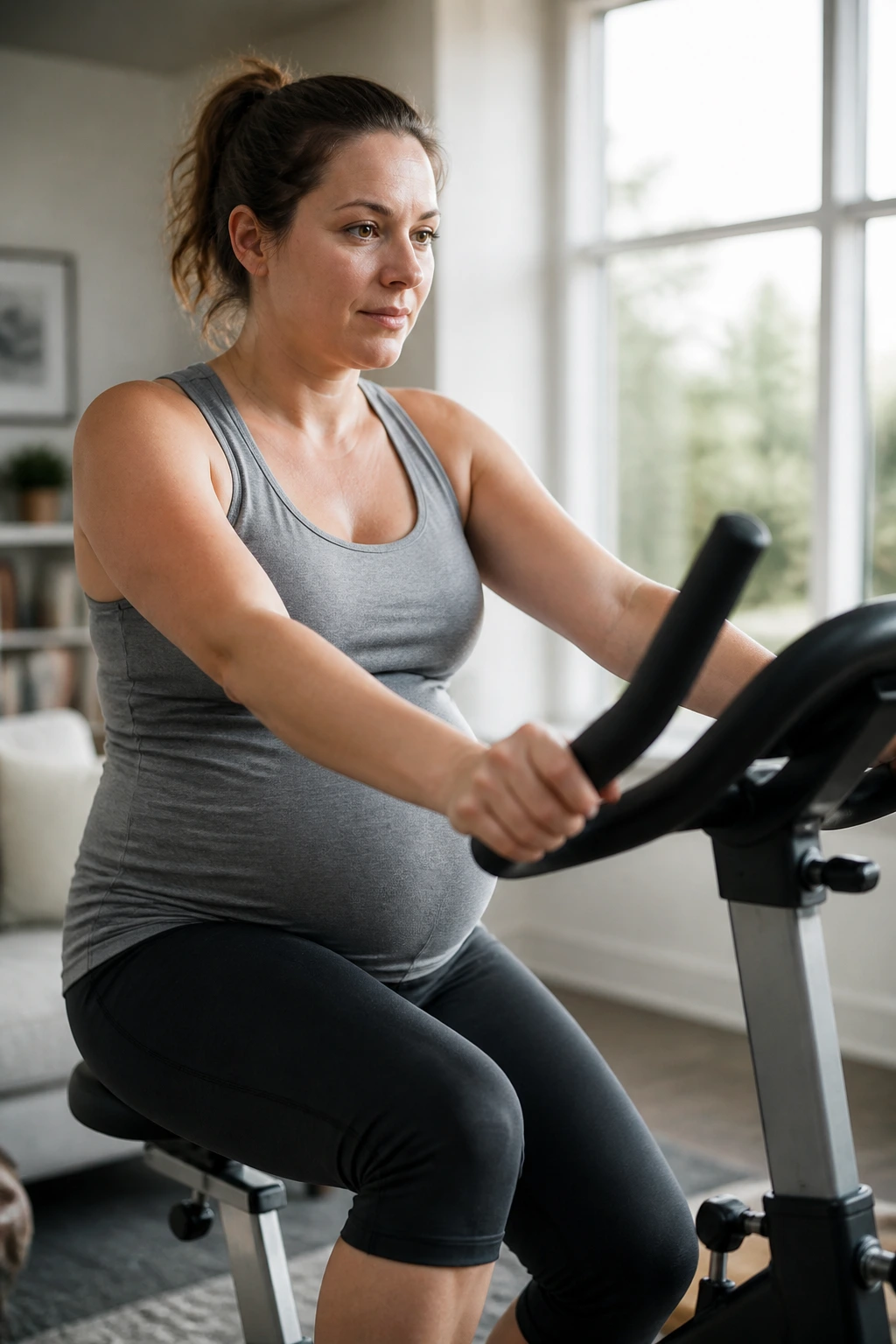 Pregnant woman cycling on an indoor stationary bike