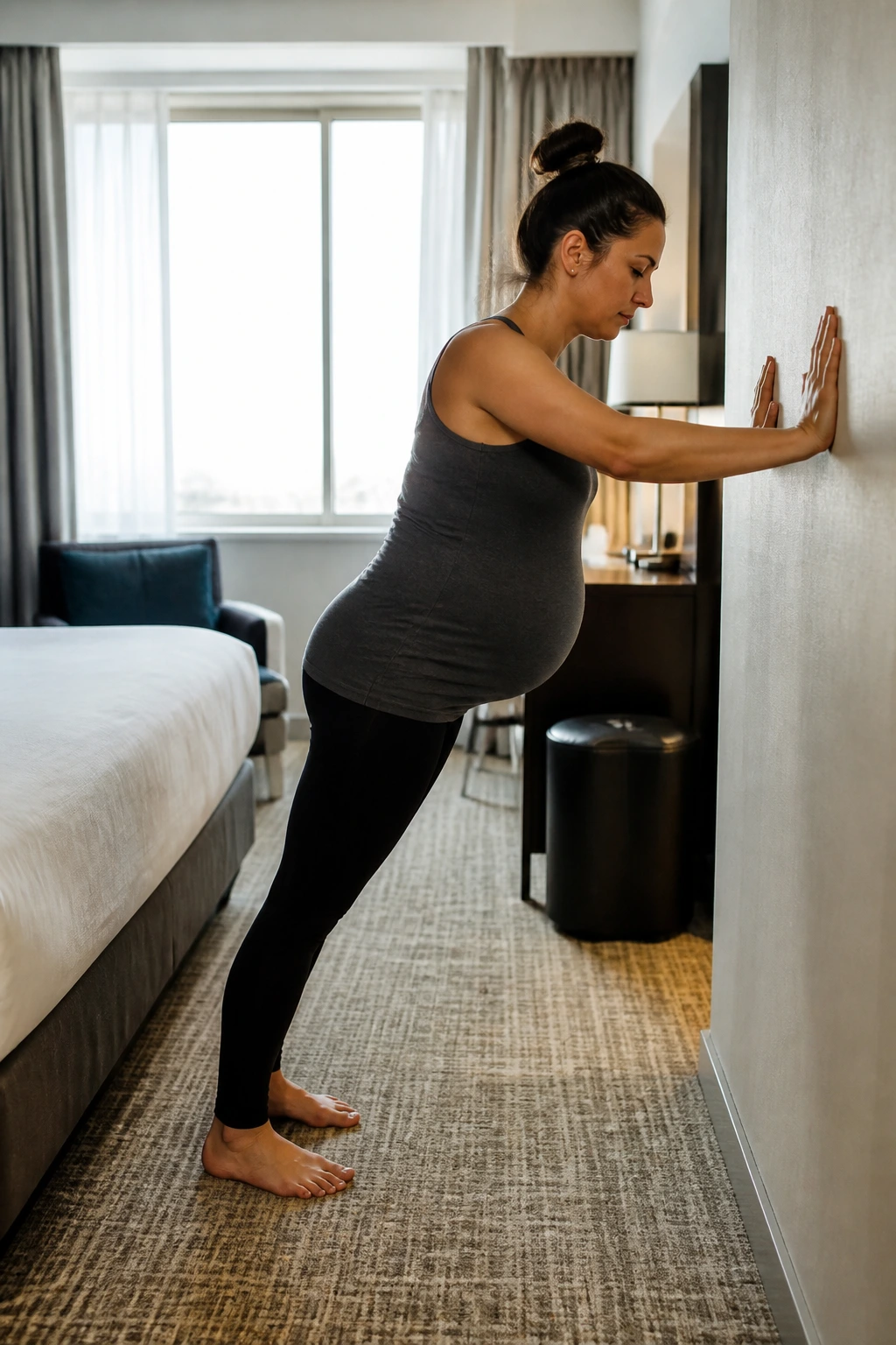 Pregnant person doing hotel-room workout wall push-ups.