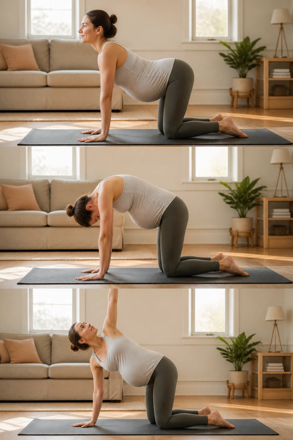 Pregnant woman performing a cat-cow thoracic rotation mobility flow