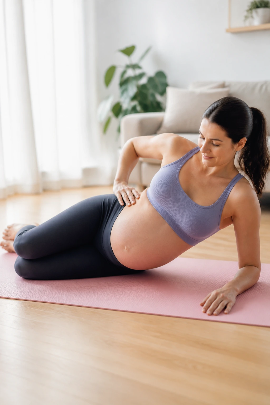 Pregnant woman doing prenatal Pilates side-lying exercise