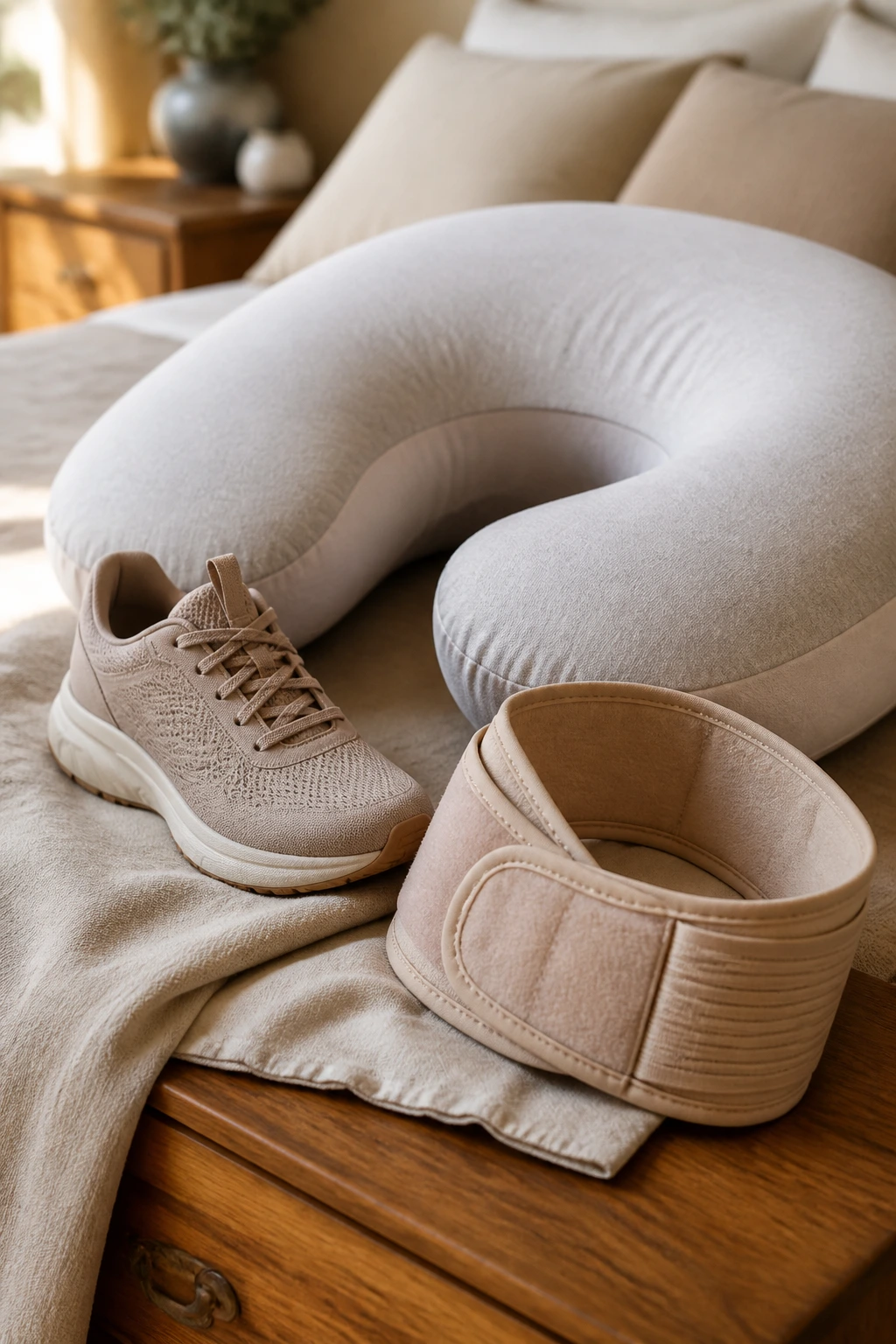 Close-up of prenatal comfort tools including pillow belt and supportive shoe in a cozy bedroom