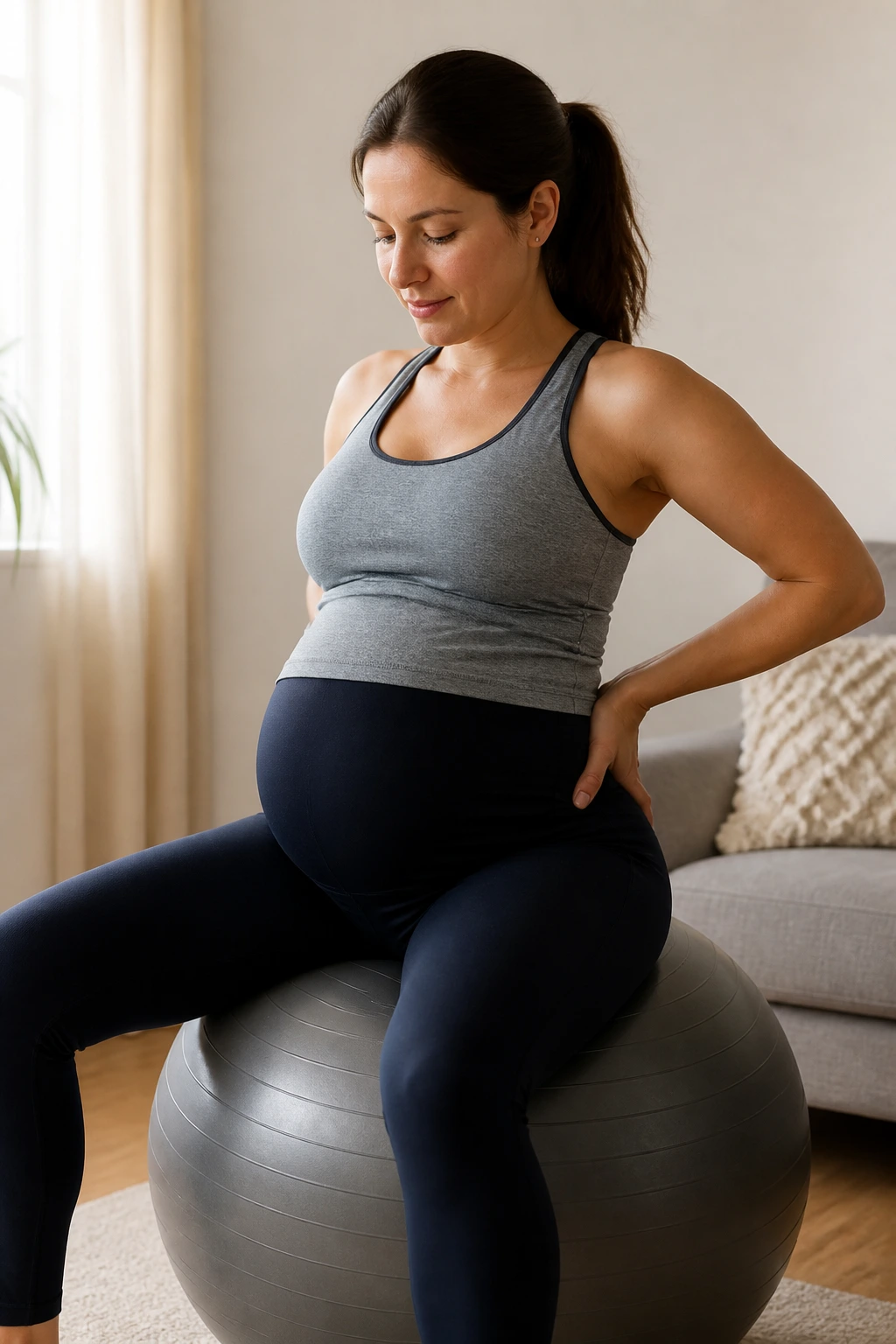 Pregnant person on stability ball performing pelvic tilt in home setting.