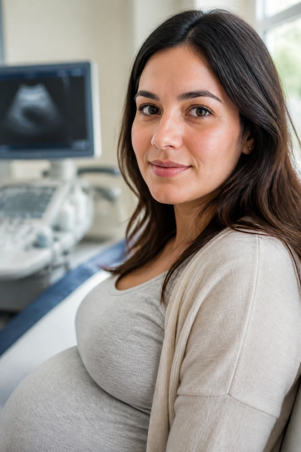 Close-up portrait of pregnant patient in clinic, representing steady prenatal visits