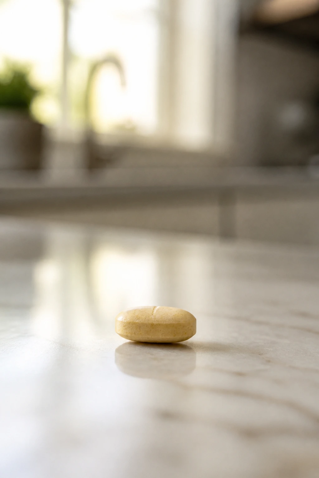Close-up of a single prenatal vitamin on a kitchen counter in natural light