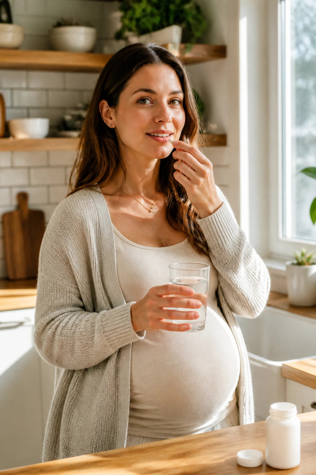 Pregnant woman taking prenatal vitamins at home, with a plain vitamin bottle and water.