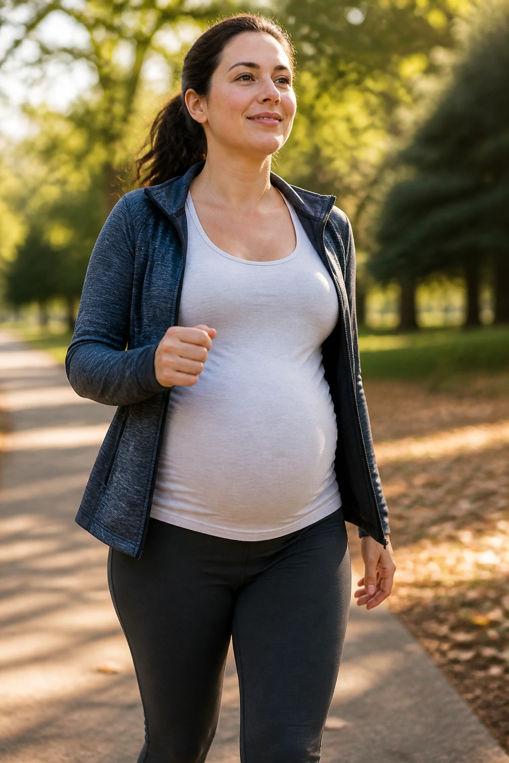 Pregnant woman walking outdoors during daytime for prenatal warm-up