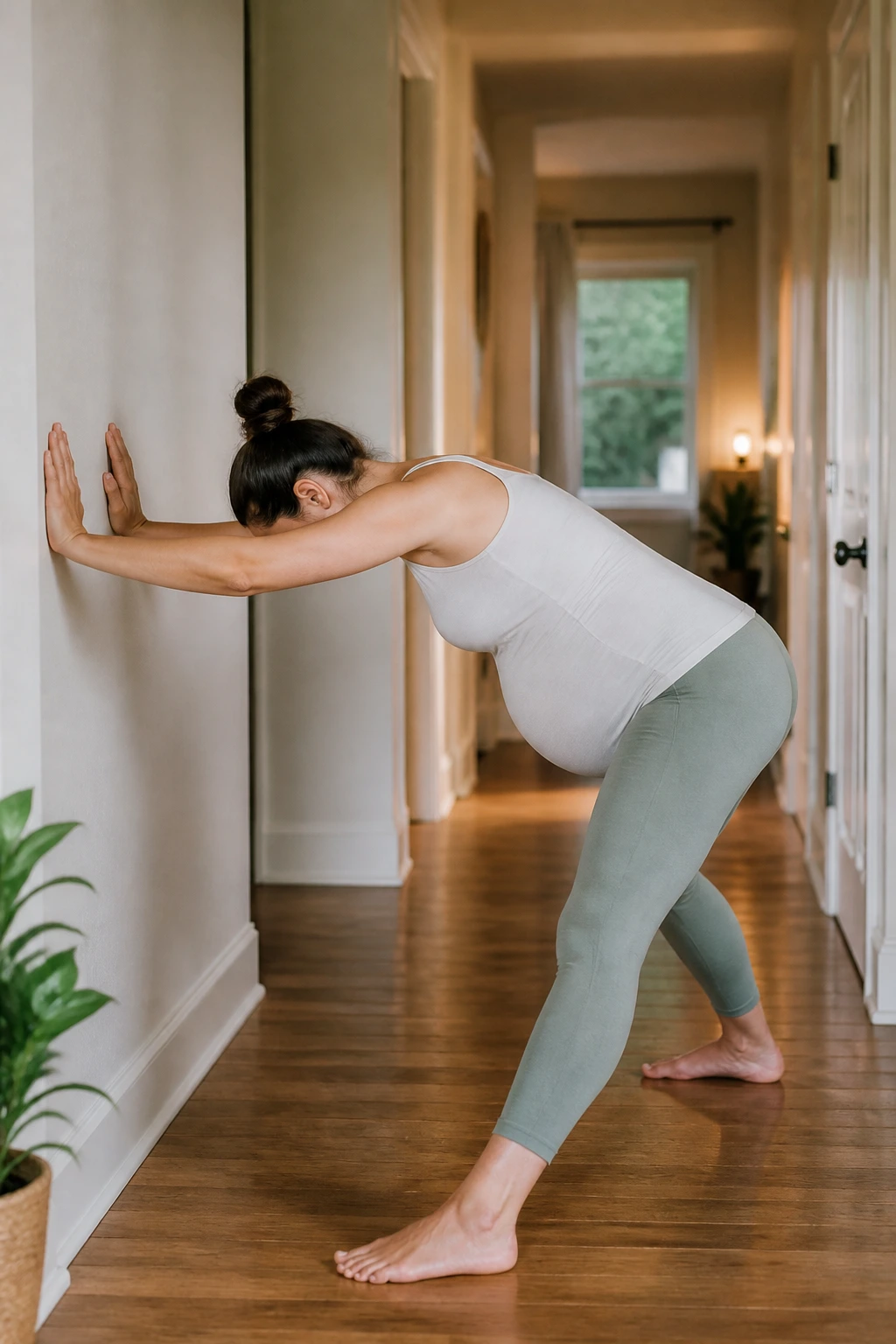 Pregnant woman performing supported wide-leg fold at wall