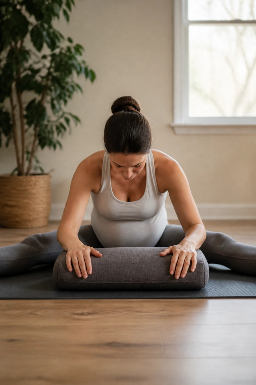 Pregnant woman seated with legs wide and forward folding gently
