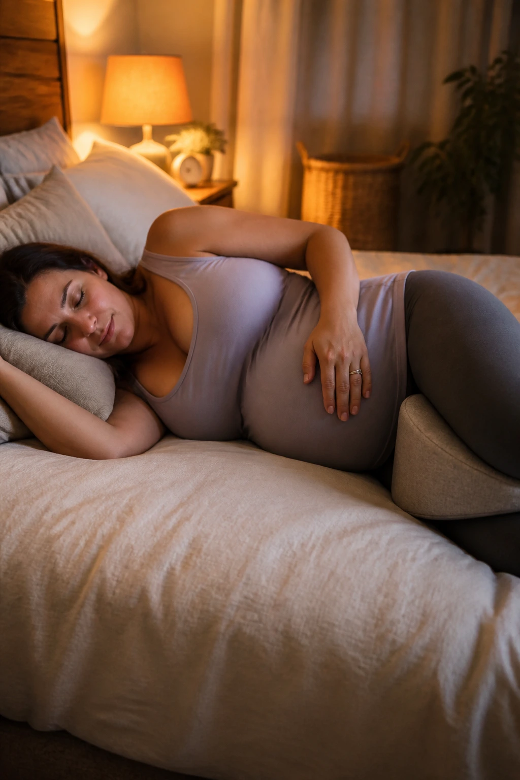 Pregnant woman side-lying rest with pillows for breathing sequence