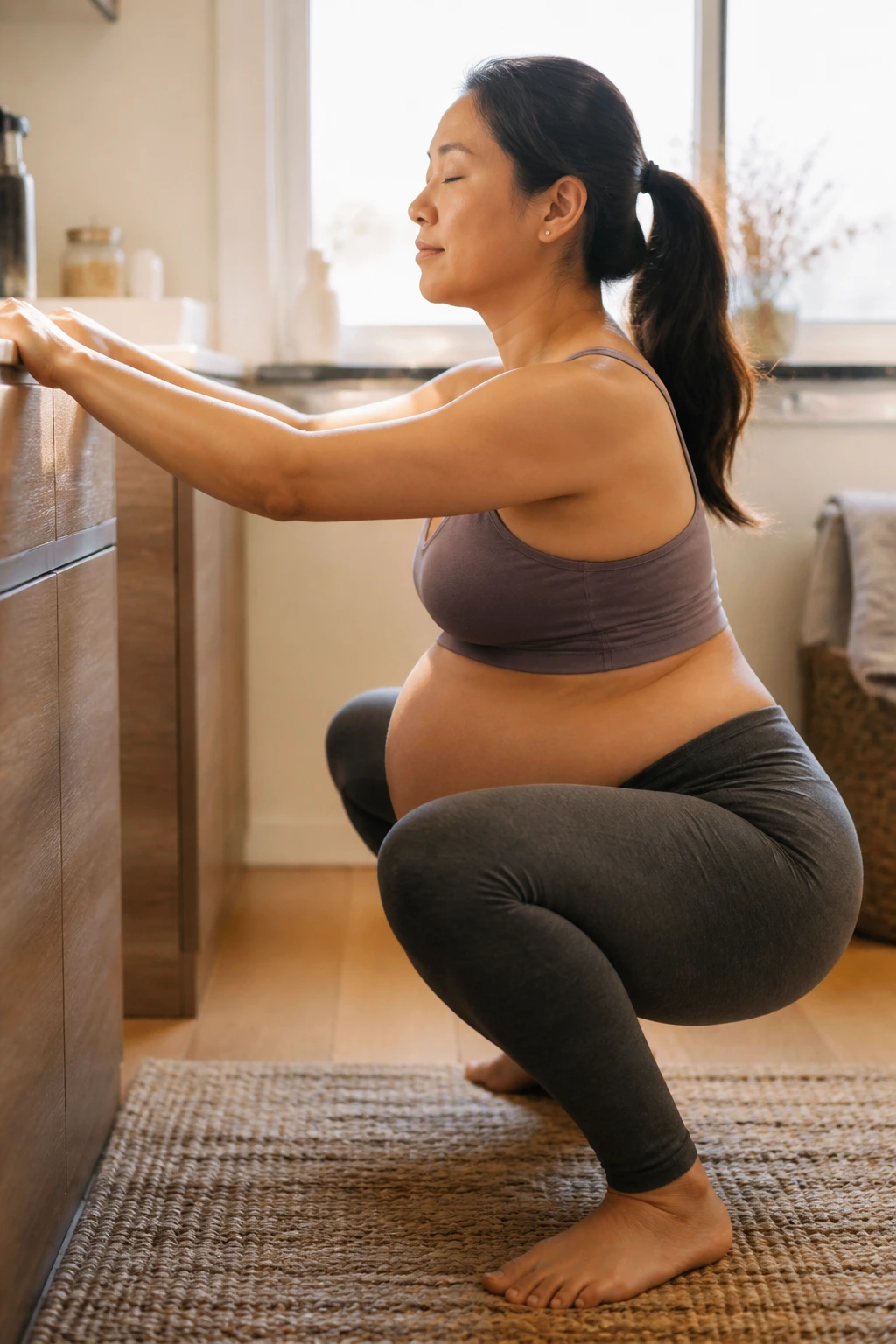 Medium close-up of a real pregnant person in a prenatal yoga squat hold with counter support