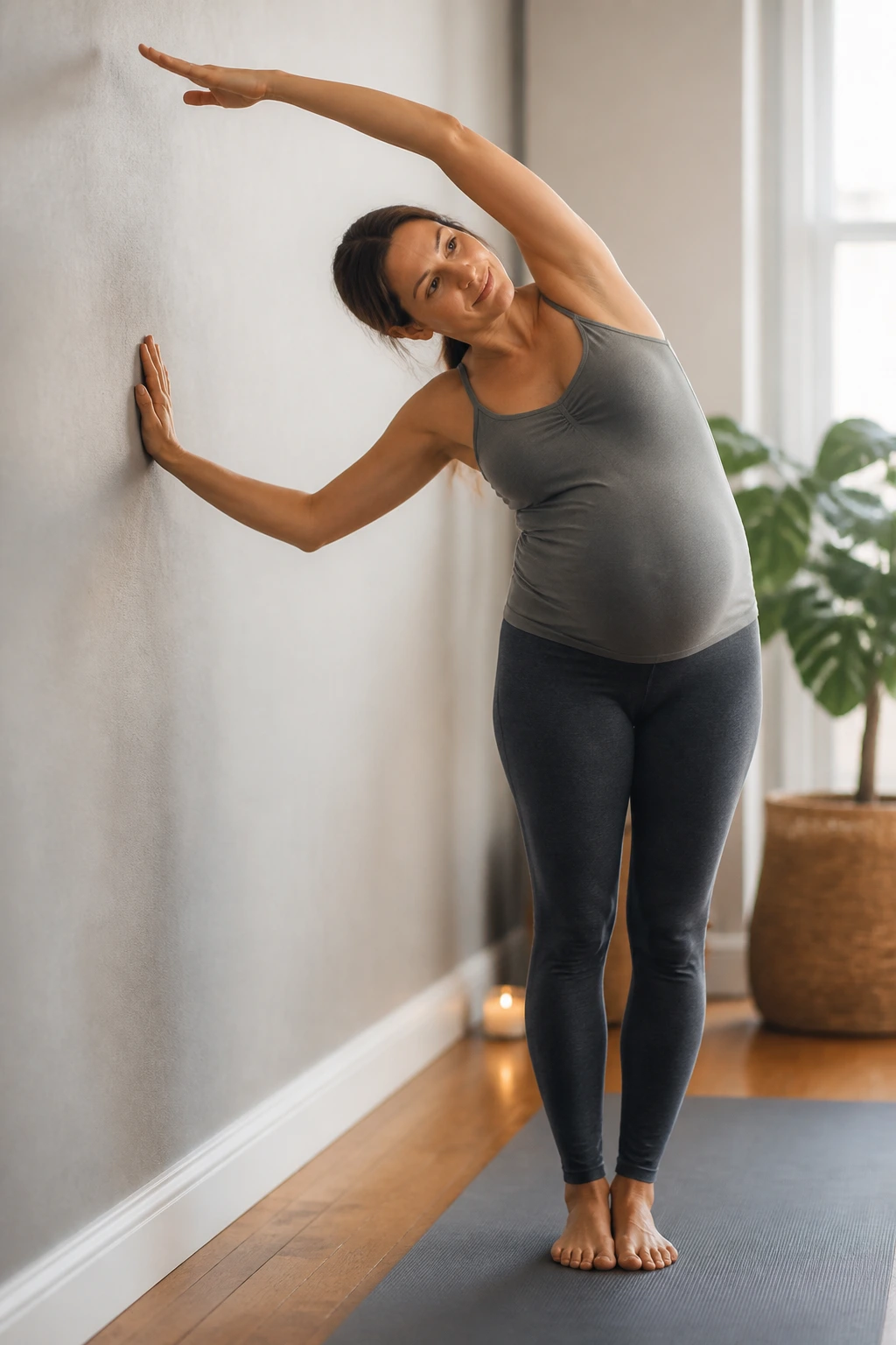 Pregnant woman performing standing side stretch at wall with overhead arm