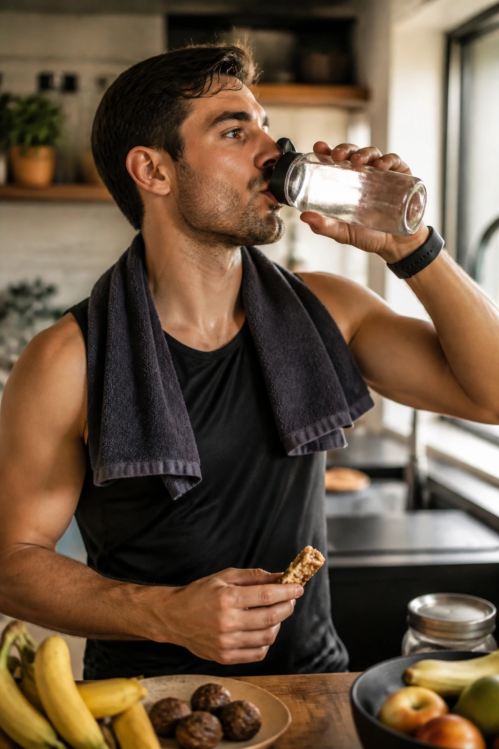 Close-up of person drinking water before training with a small snack in kitchen/gym lounge