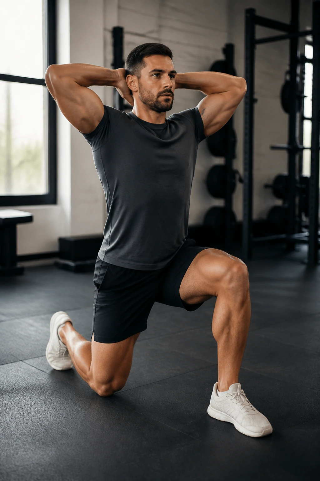 Portrait of a person performing a prisoner lunge with hands behind head