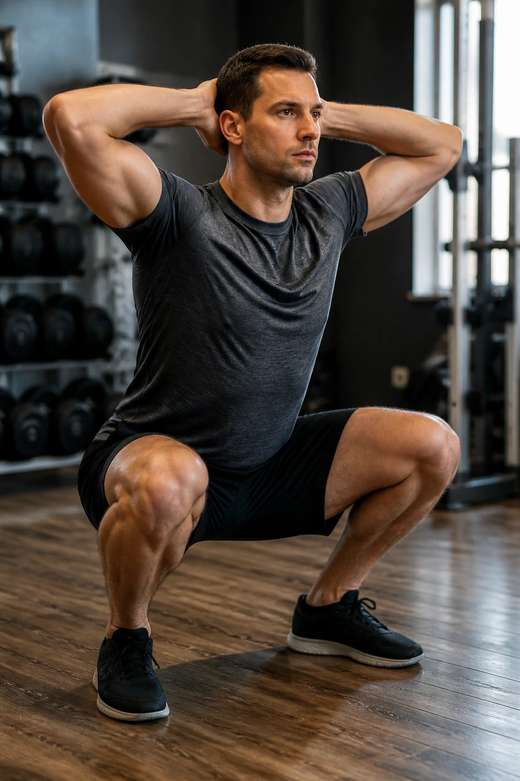Real person performing prisoner squats with hands behind head in gym setting