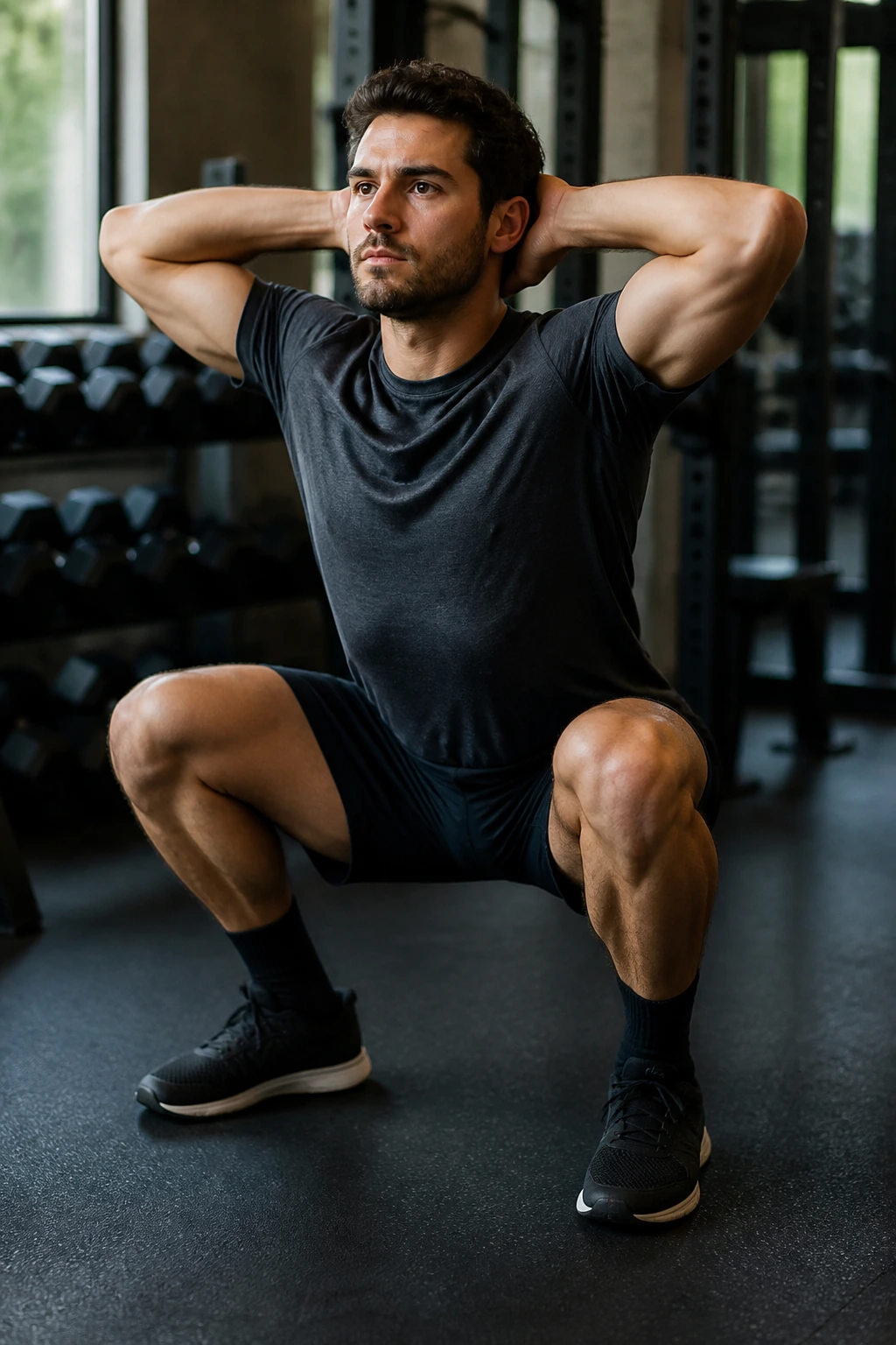 Front view of a person performing prisoner squats in a gym