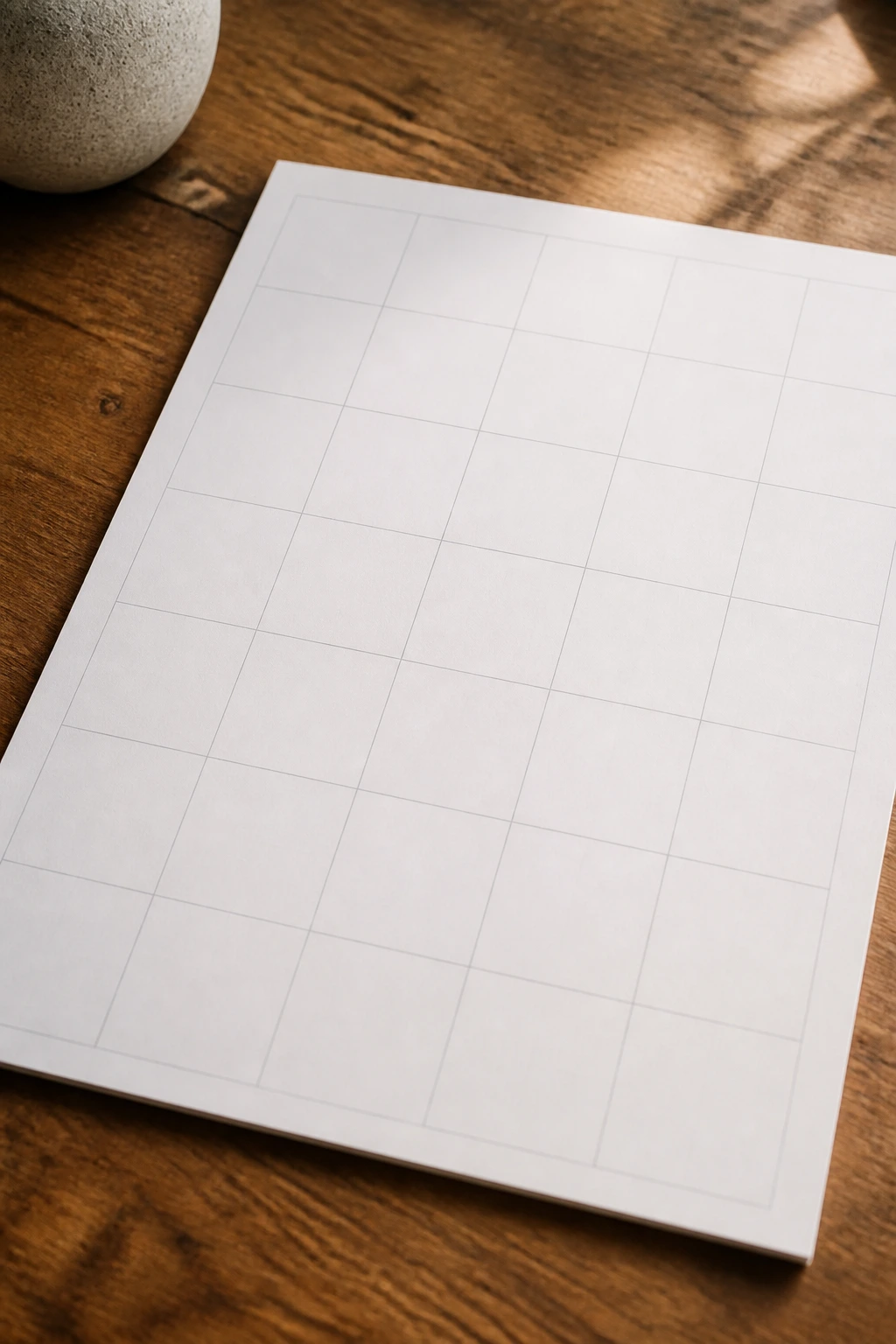 Close-up of a blank calendar grid on a desk with no numbers or letters