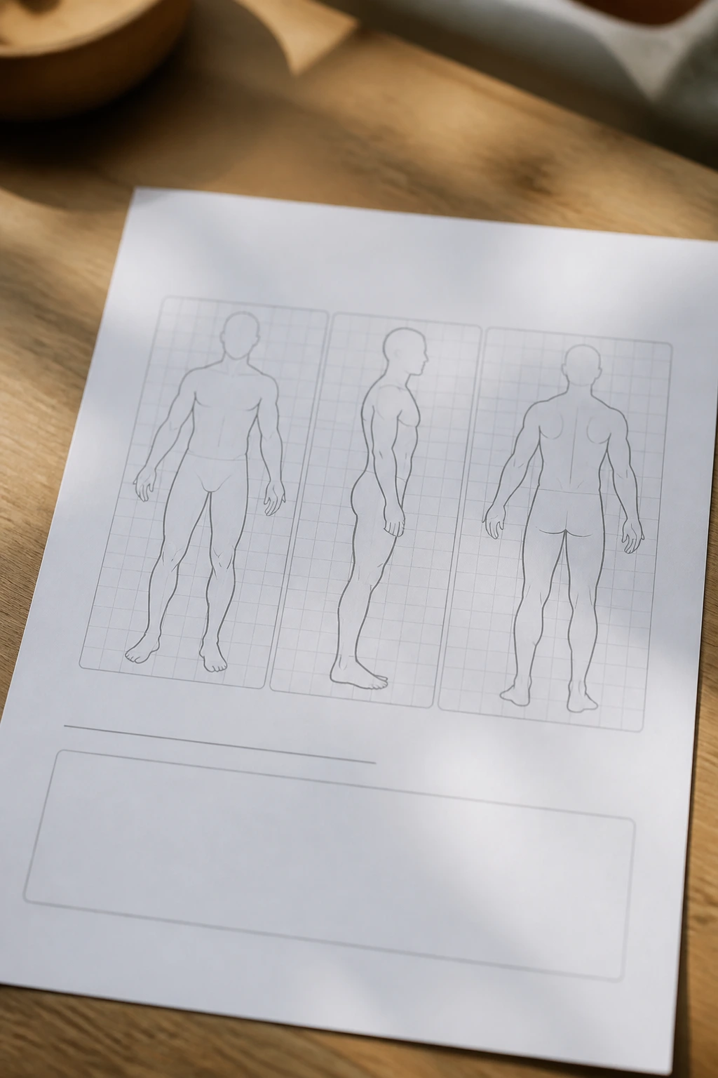 Close-up of a progress photo planner page showing front, side, and back silhouettes
