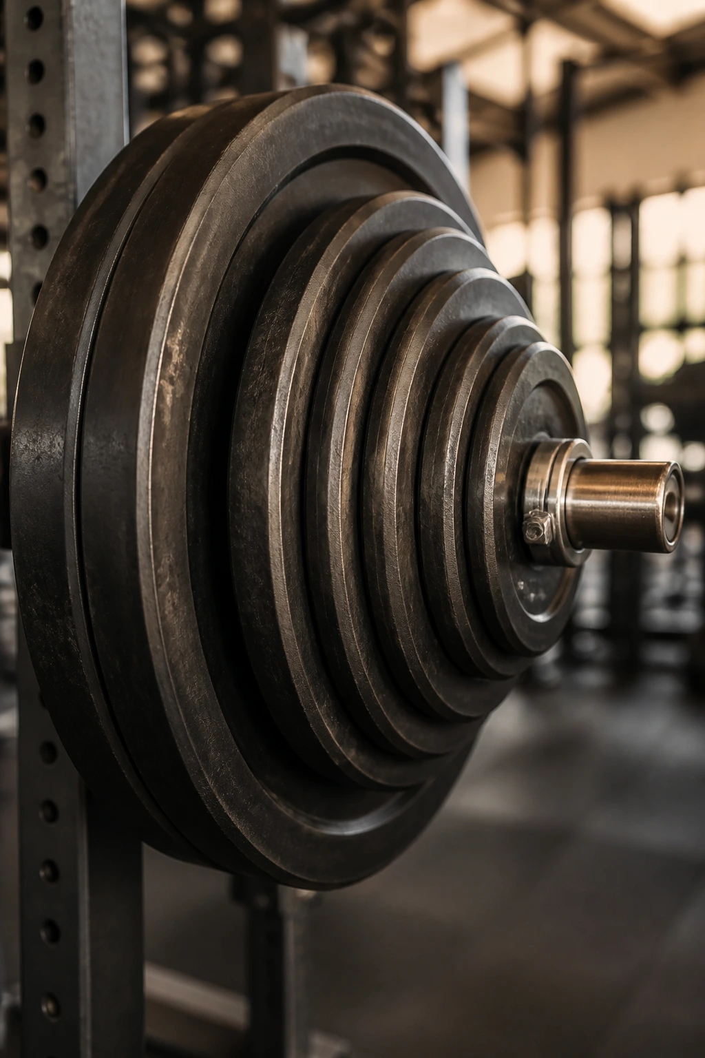 Close-up of a barbell with weight plates stacking progressively in a gym
