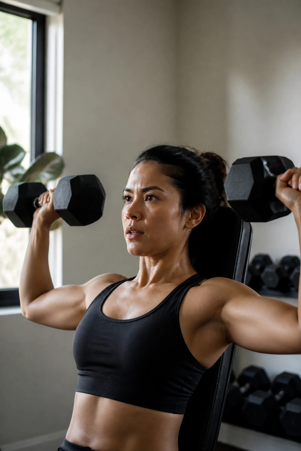 Medium close-up of a person lifting a dumbbell in a home gym