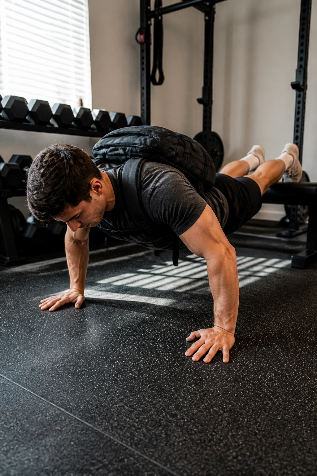 Real person doing weighted push-ups at home