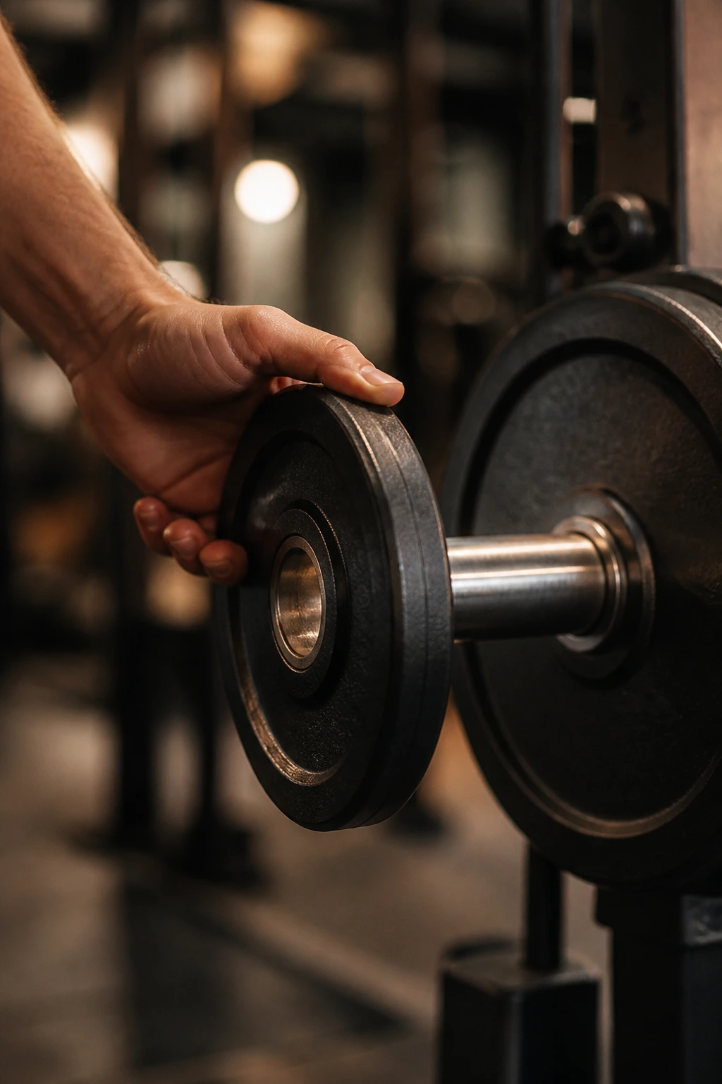 Close-up of hand adding a small weight plate to a barbell in a gym