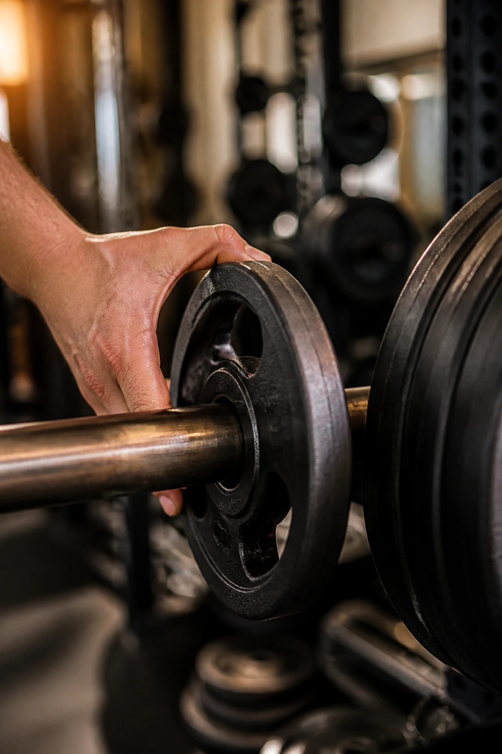 Hand placing a small weight plate on a barbell in a gym