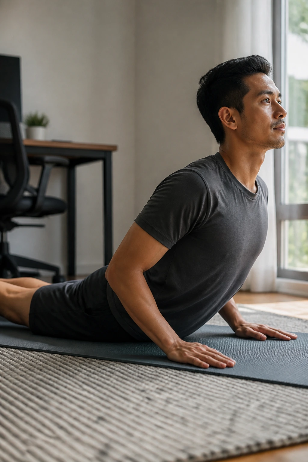 Real person in prone cobra posture on a mat with shoulders back.