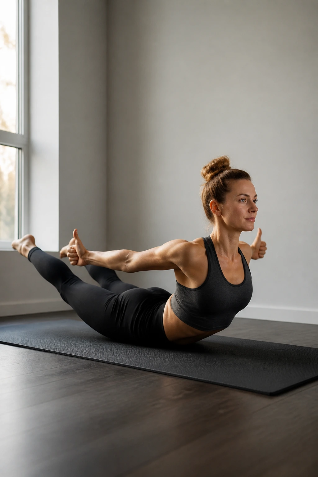 Real person performing prone cobra with chest, arms, and legs lifted on a mat in a home setting