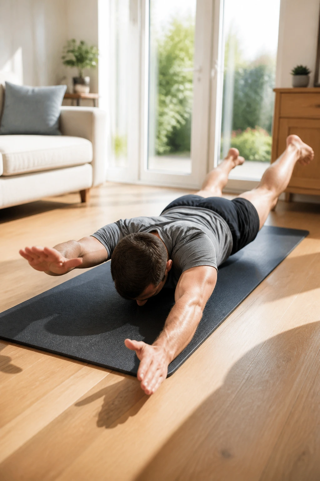 Person lying on a mat performing prone swimmers to wake back muscles