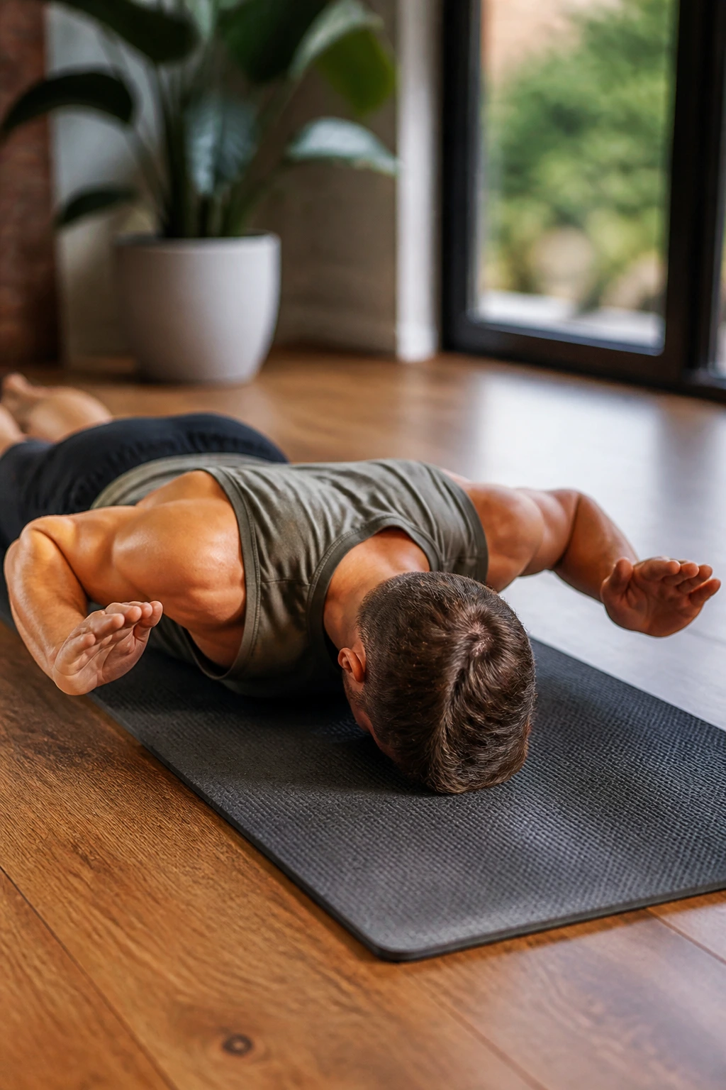 Close-up of a person performing a prone W raise on a mat, focusing on shoulder blades.