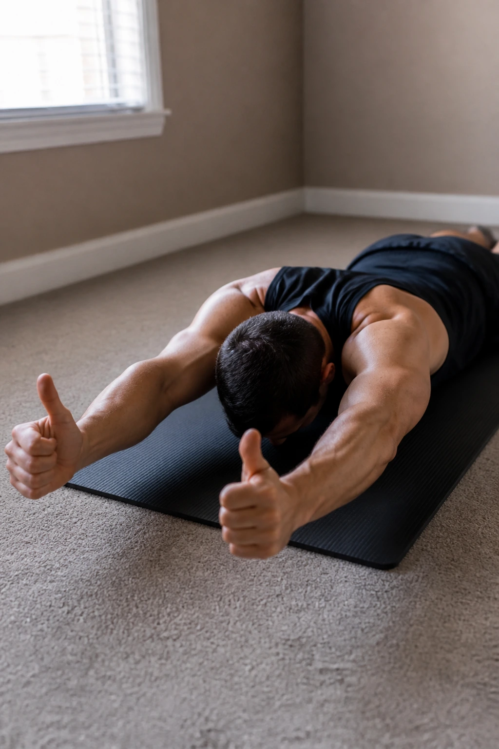 Person performing prone Y raise on a floor mat in a home space