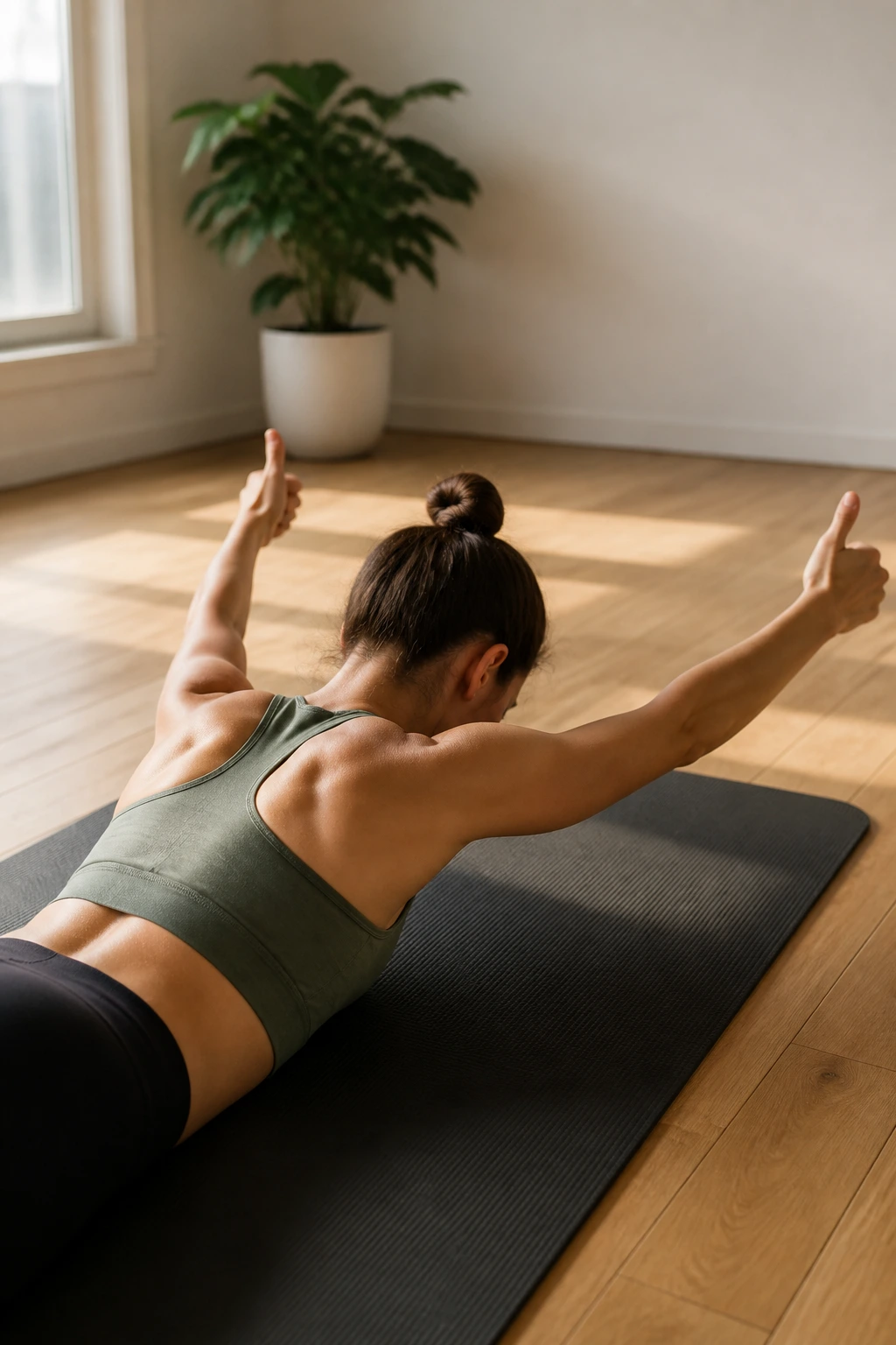 Prone Y Raise: person lying on stomach lifting arms in a Y position
