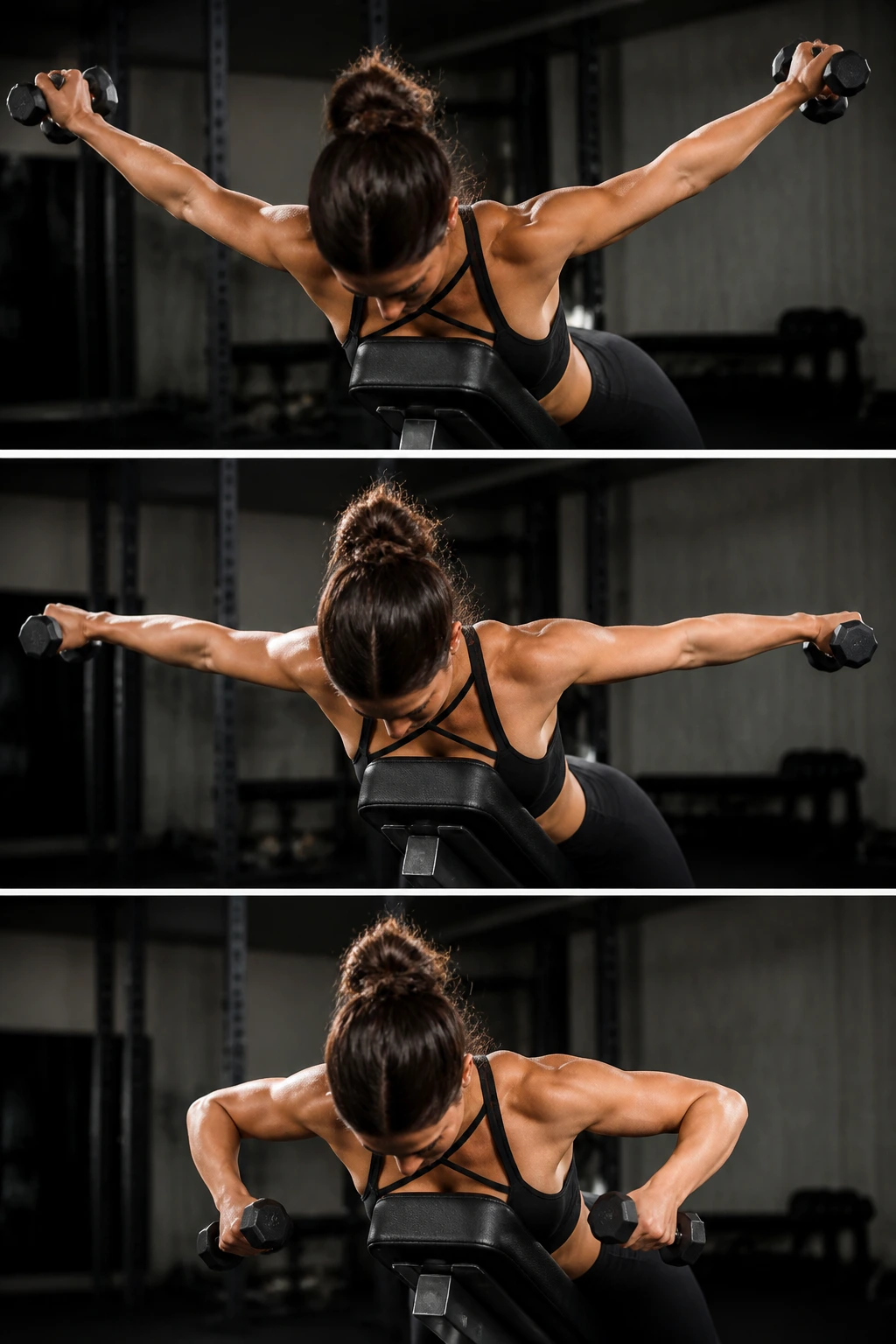Close-up of a woman performing prone Y-T-W raises on incline bench