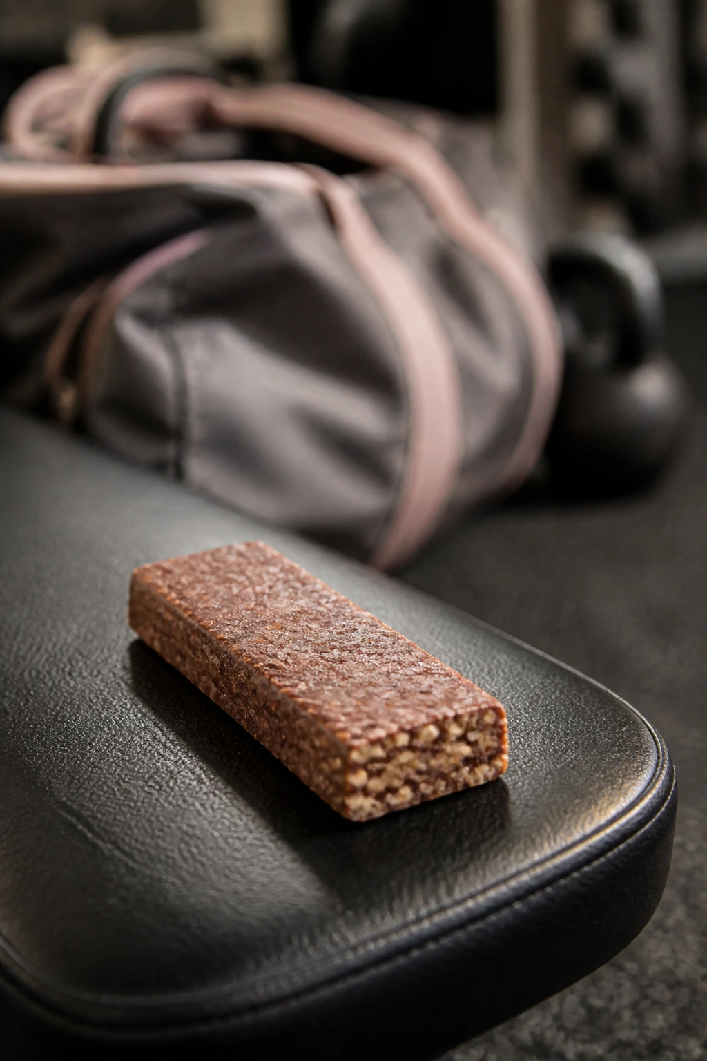 Protein bar on a gym bench as post-workout snack