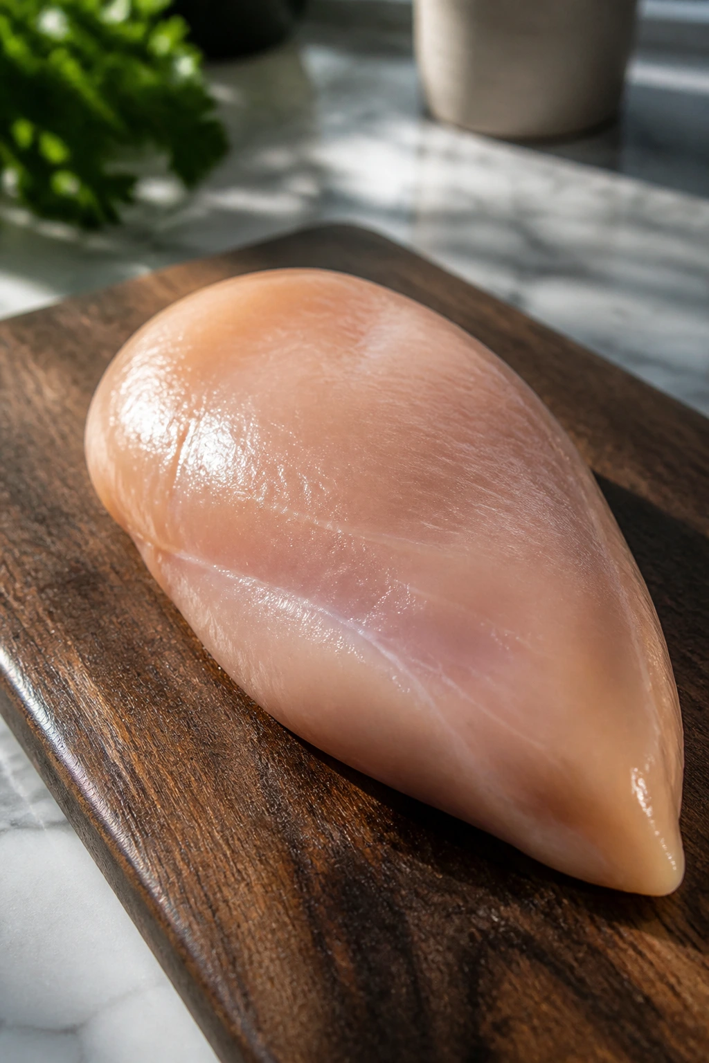 Close-up of a raw chicken breast on a cutting board in a kitchen.