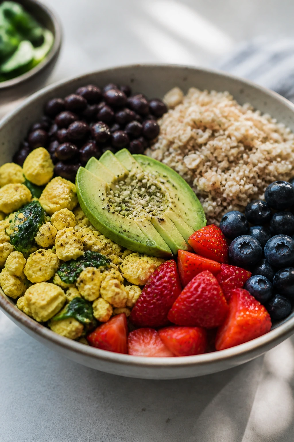 Plate featuring protein and fiber-rich foods dominating the frame